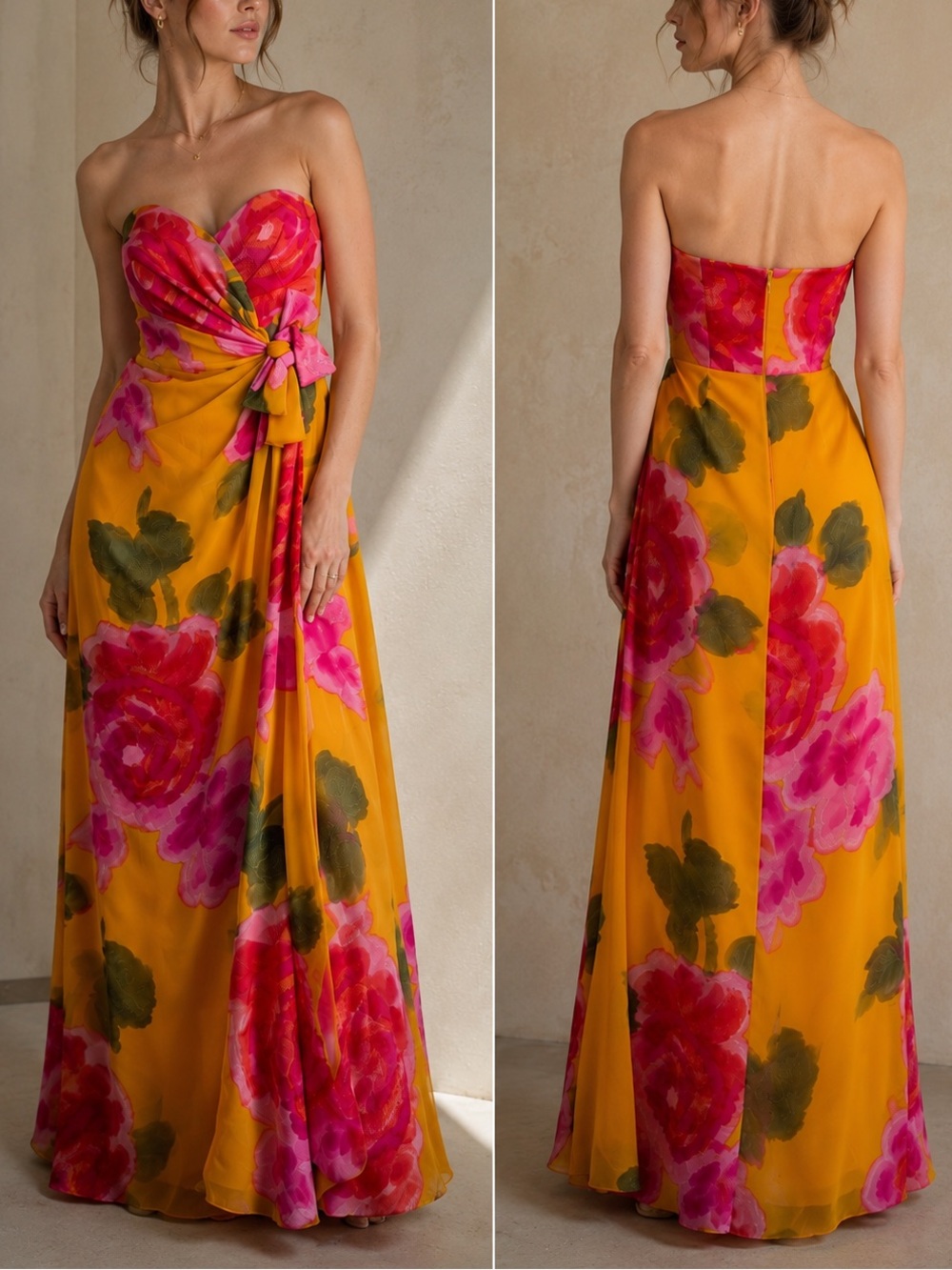 Rare Vintage Scaasi Boutique Strapless Silk Floral Gown | Fits XS